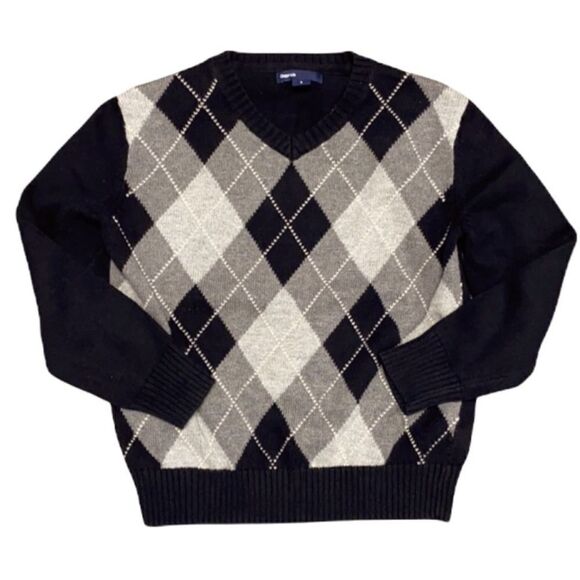 GapKids Black/Gray Argyle V-Neck Sweater Small - Picture 1 of 6